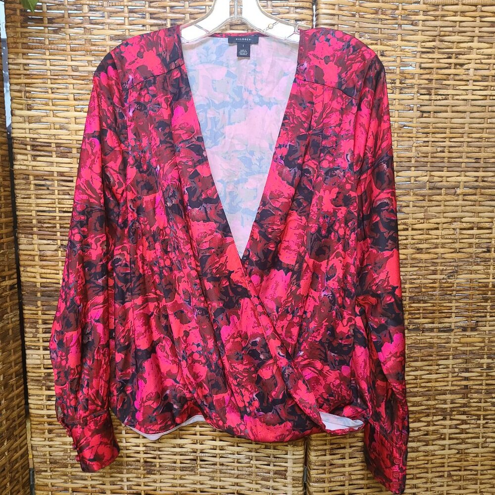 Halogen Red Blouse Floral Print Blouse Sz 1 or XL Long Sleeve Cross Over Front